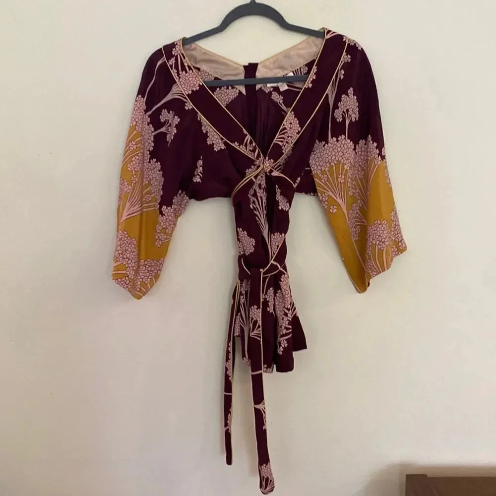 Rebecca Taylor sz 0 silk kimono style blouse w/ tie, burgundy pink and marigold